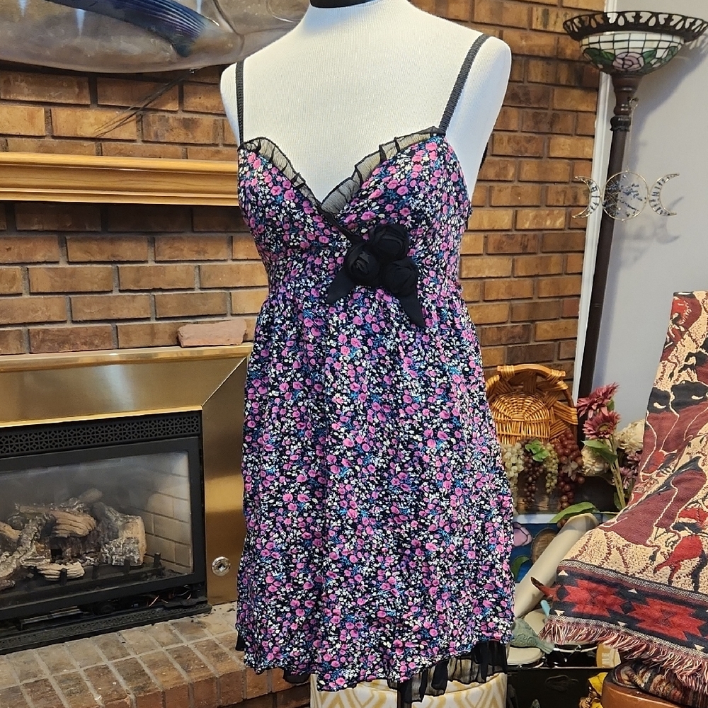 Rinascimento Pink Black Mini Dress Size M Made In Italy Summer Floral whimsigoth